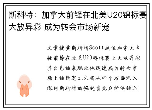 斯科特：加拿大前锋在北美U20锦标赛大放异彩 成为转会市场新宠