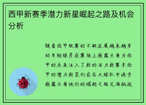 西甲新赛季潜力新星崛起之路及机会分析